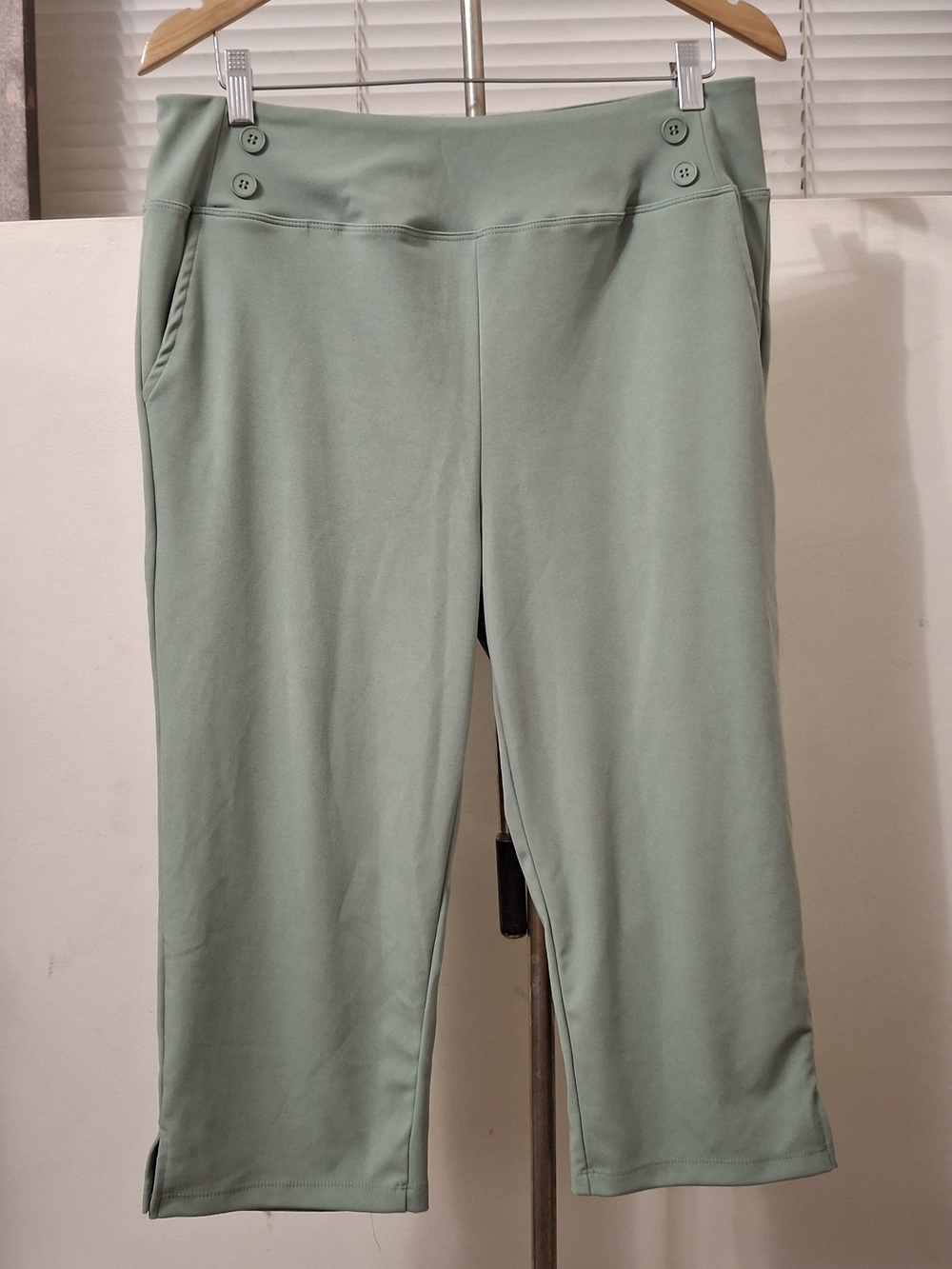 Sage Green High Waist Capri Pants with Decorative Side Buttons & Split Hem